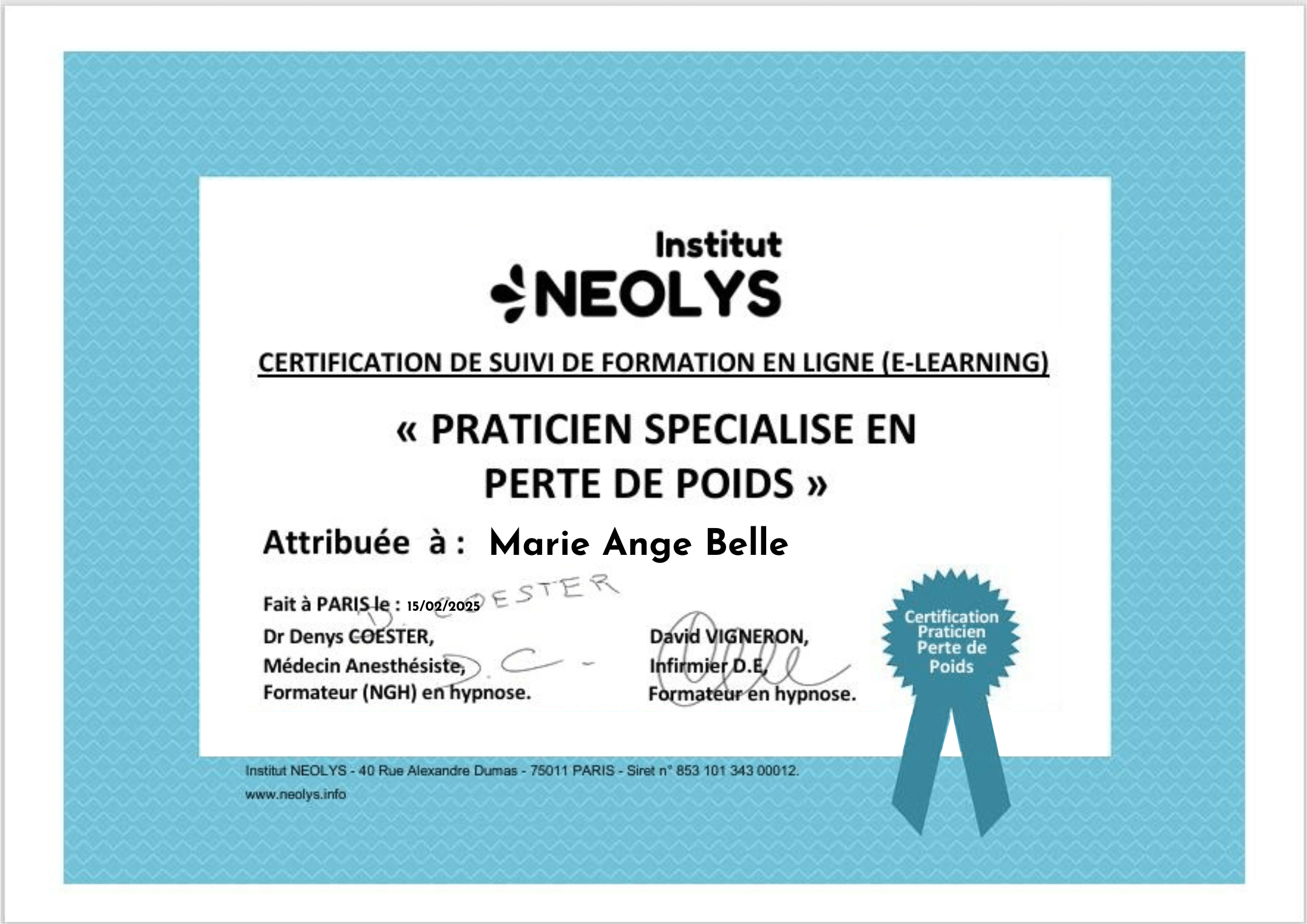 Certificat d'hypnose spécialisé dans la perte de poids et les neurosciences, biohacking